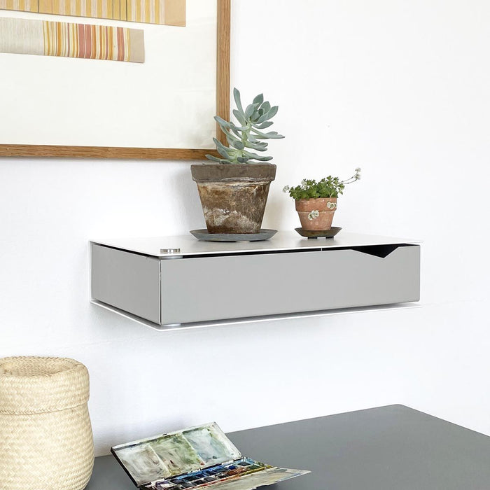Wall-mounted bedside table: 2 pcs. - BESIDE - white with gray drawer