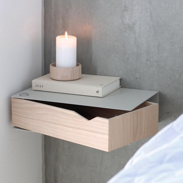 Wall-mounted bedside table: 2 pcs. - BESIDE - gray with oak drawer