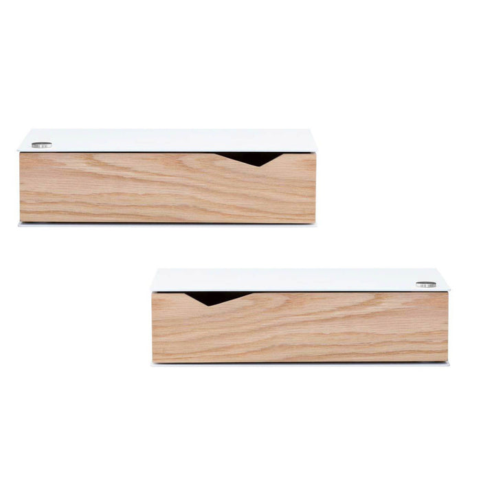Wall-mounted bedside table: 2 pcs. - BESIDE - white with oak drawer