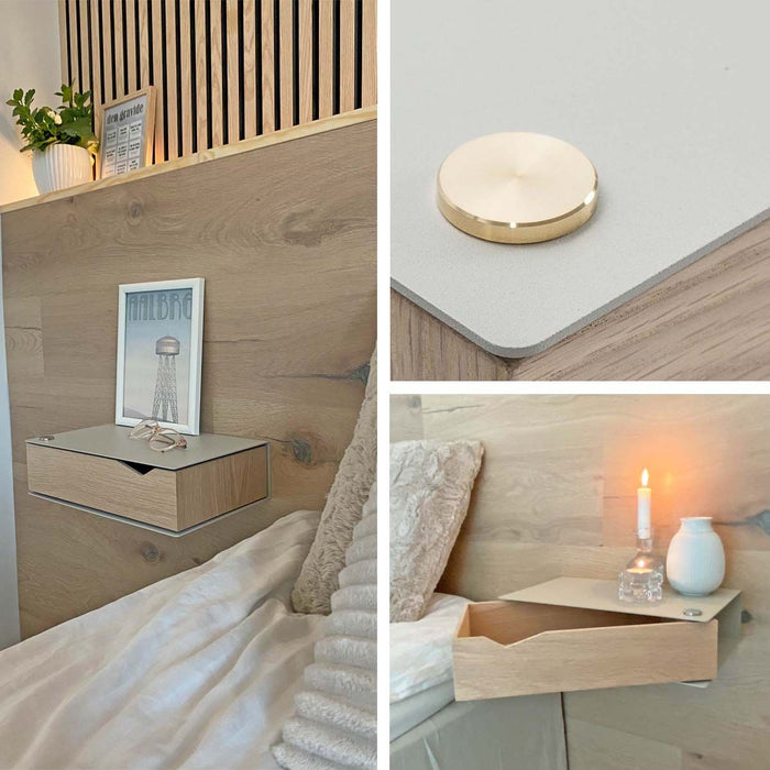 Wall-mounted bedside table: 2 pcs. - BESIDE - gray with oak drawer