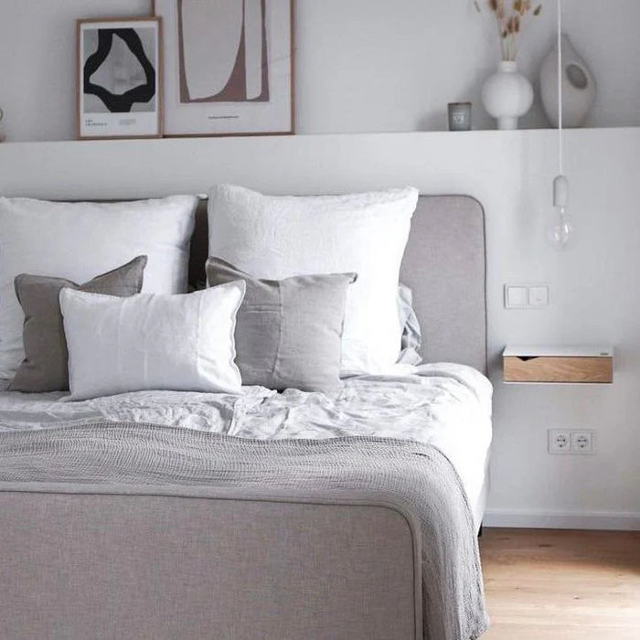 Wall-mounted bedside table: 2 pcs. - BESIDE - white with oak drawer