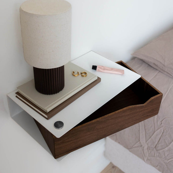 Wall-mounted bedside table: 1 pc. - BESIDE - white with dark oak drawer
