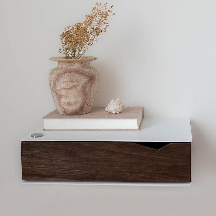 Wall-mounted bedside table: 1 pc. - BESIDE - white with dark oak drawer