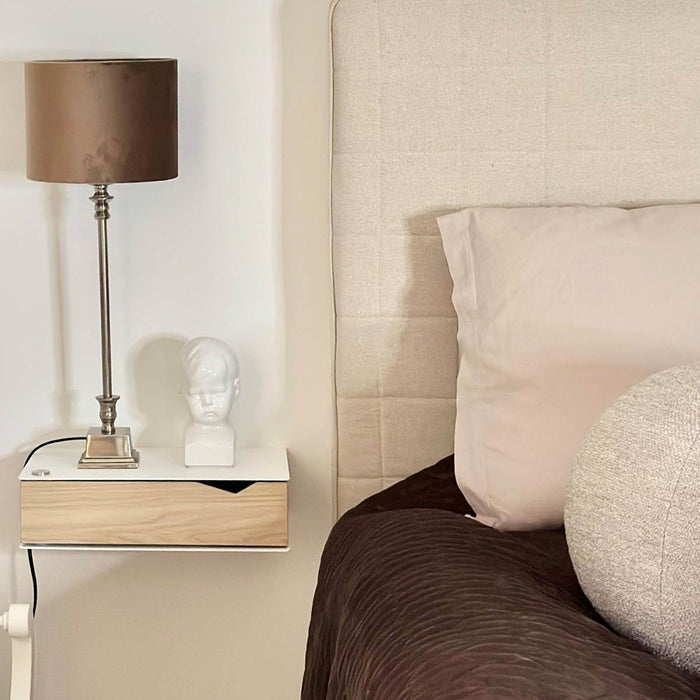 Wall-mounted bedside table: 2 pcs. - BESIDE - white with oak drawer