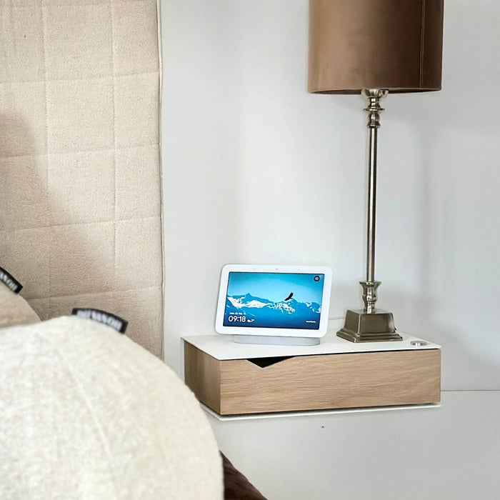 Wall-mounted bedside table: 2 pcs. - BESIDE - white with oak drawer