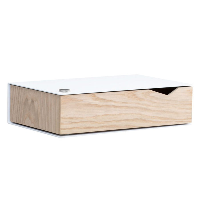 Wall-mounted bedside table: 2 pcs. - BESIDE - white with oak drawer
