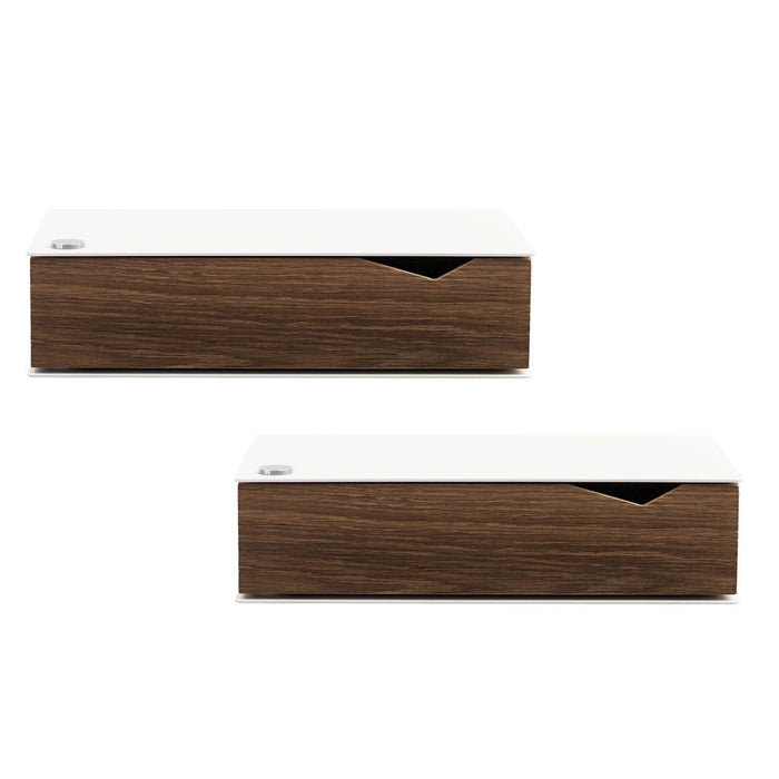 Wall-mounted bedside table: 2 pcs. - BESIDE - white with dark oak drawer