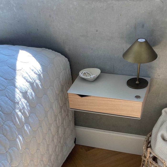 Wall-mounted bedside table: 2 pcs. - BESIDE - gray with oak drawer