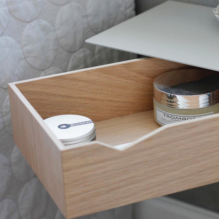 Wall-mounted bedside table: 2 pcs. - BESIDE - gray with oak drawer