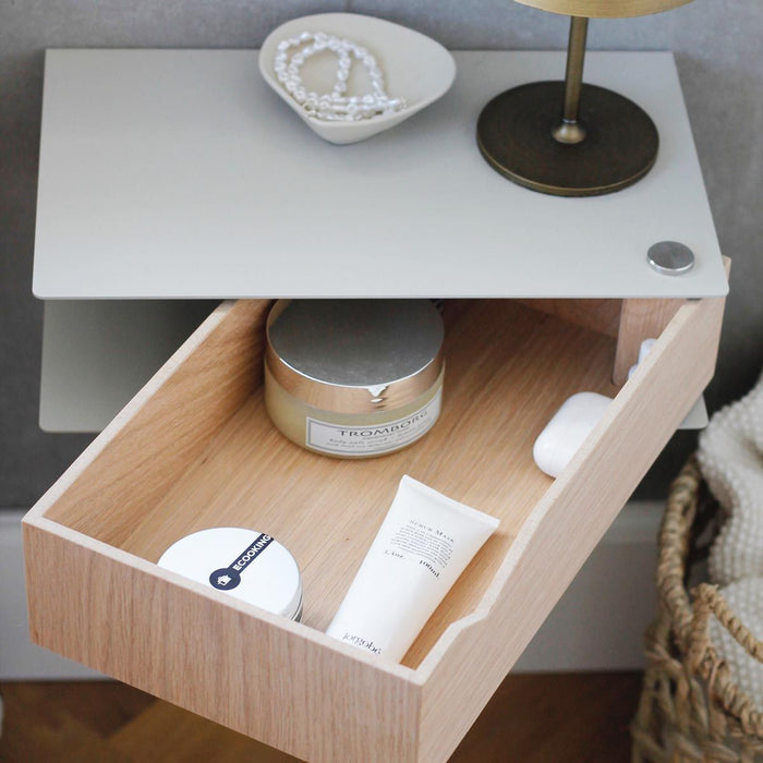Wall-mounted bedside table: 2 pcs. - BESIDE - gray with oak drawer