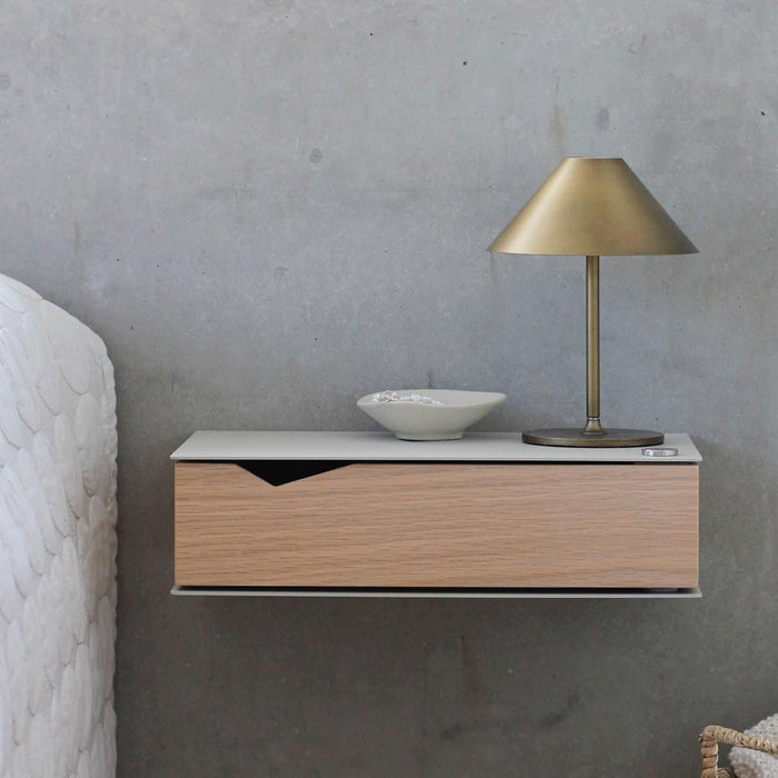 Wall-mounted bedside table: 2 pcs. - BESIDE - gray with oak drawer