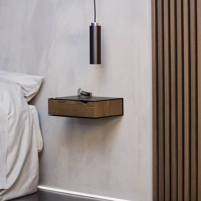 Wall-mounted bedside table: 2 pcs. - BESIDE - black with dark oak drawer