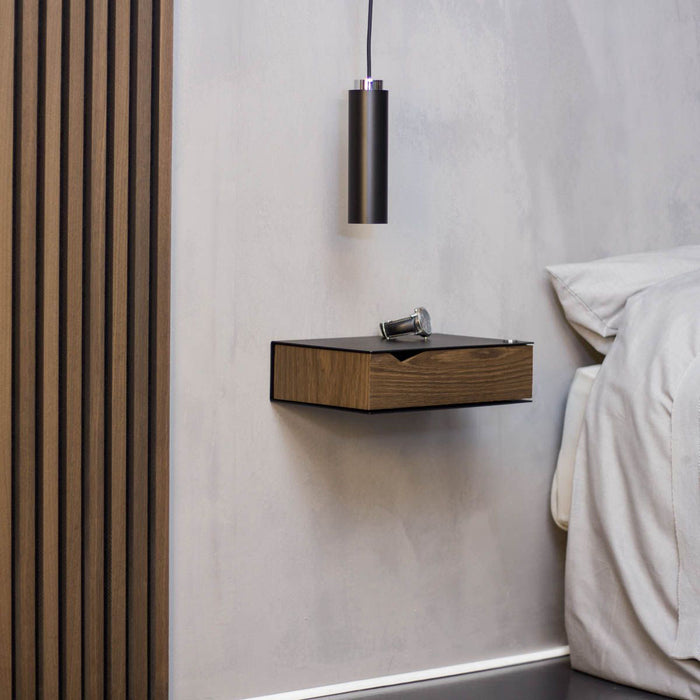 Wall-mounted bedside table: 1 pc. - BESIDE - black with dark oak drawer
