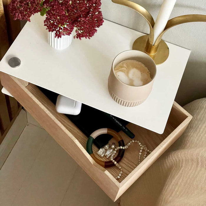 Wall-mounted bedside table: 2 pcs. - BESIDE - white with oak drawer