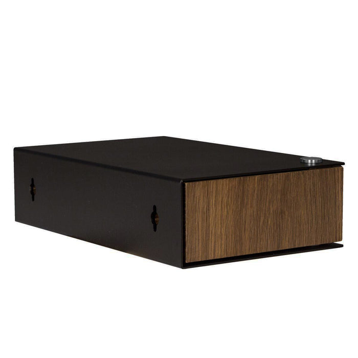 Wall-mounted bedside table: 2 pcs. - BESIDE - black with dark oak drawer
