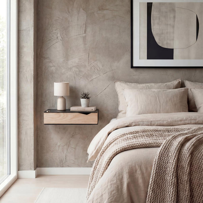 2 stk. sengeborde væghængt: BESIDE - sort m. egetræsskuffe