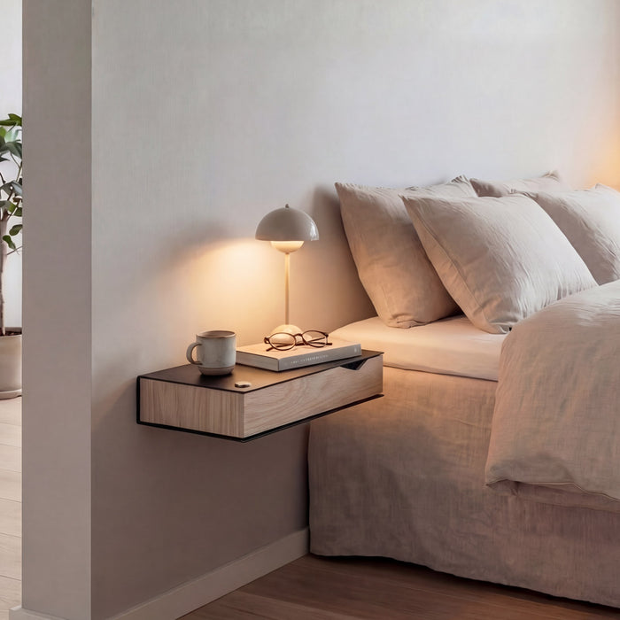 Wall-mounted bedside table: 2 pcs. - BESIDE - black with oak drawer