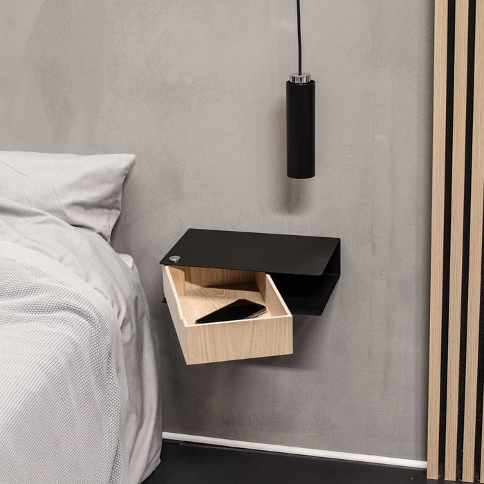 Wall-mounted bedside table: 2 pcs. - BESIDE - black with oak drawer