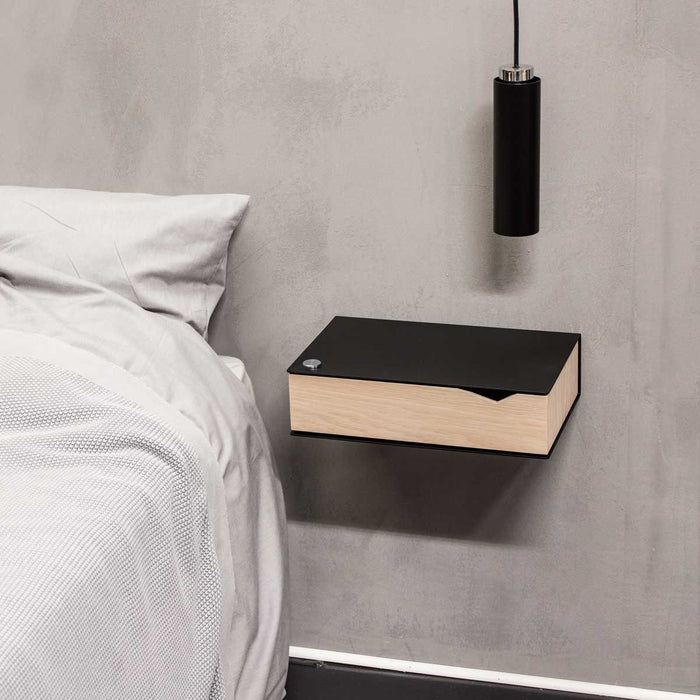 Wall-mounted bedside table: 2 pcs. - BESIDE - black with oak drawer